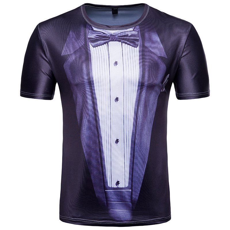 Foreign trade men's 3D short-sleeved T-shirt fake two-piece suit printing dress suit T-shirt casual T415