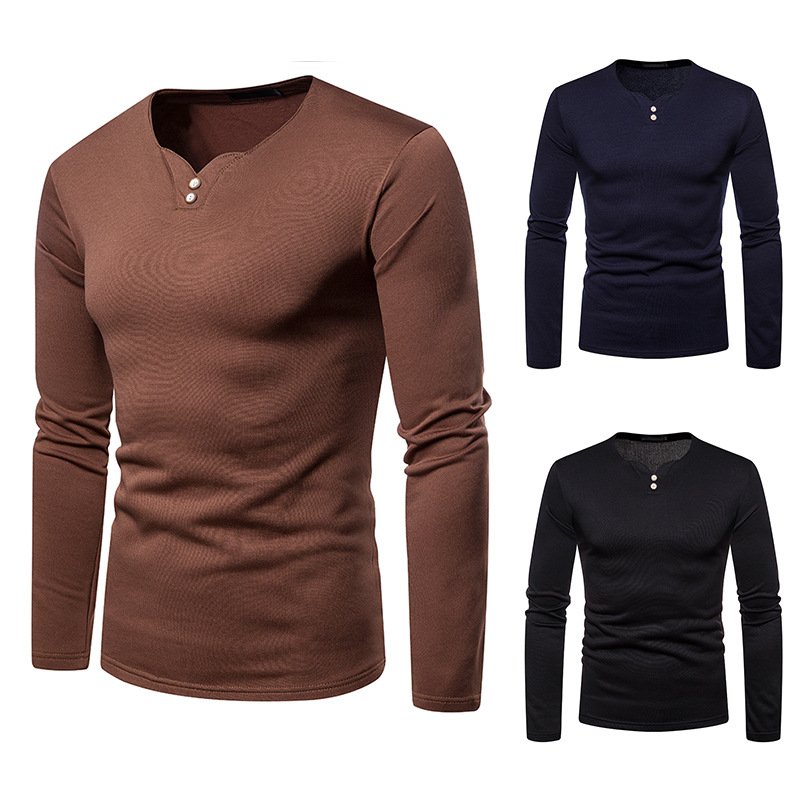 Cross-border men's plus size plus velvet warm henley collar long-sleeved T-shirt bottoming shirt Q129